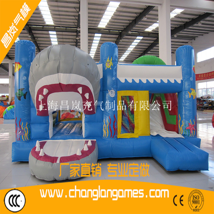 廠家直銷充氣大鯊魚卡通跳床滑梯娛樂城組合出口氣模定做 inflatable bouncer